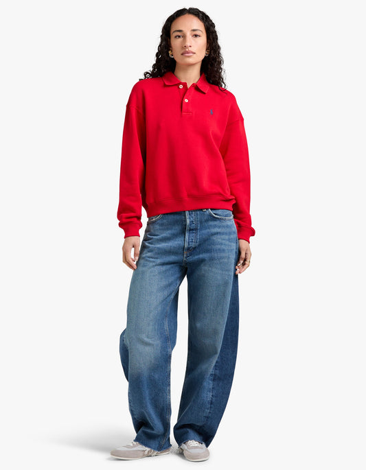 Polo Collar Fleece Pullover - Red