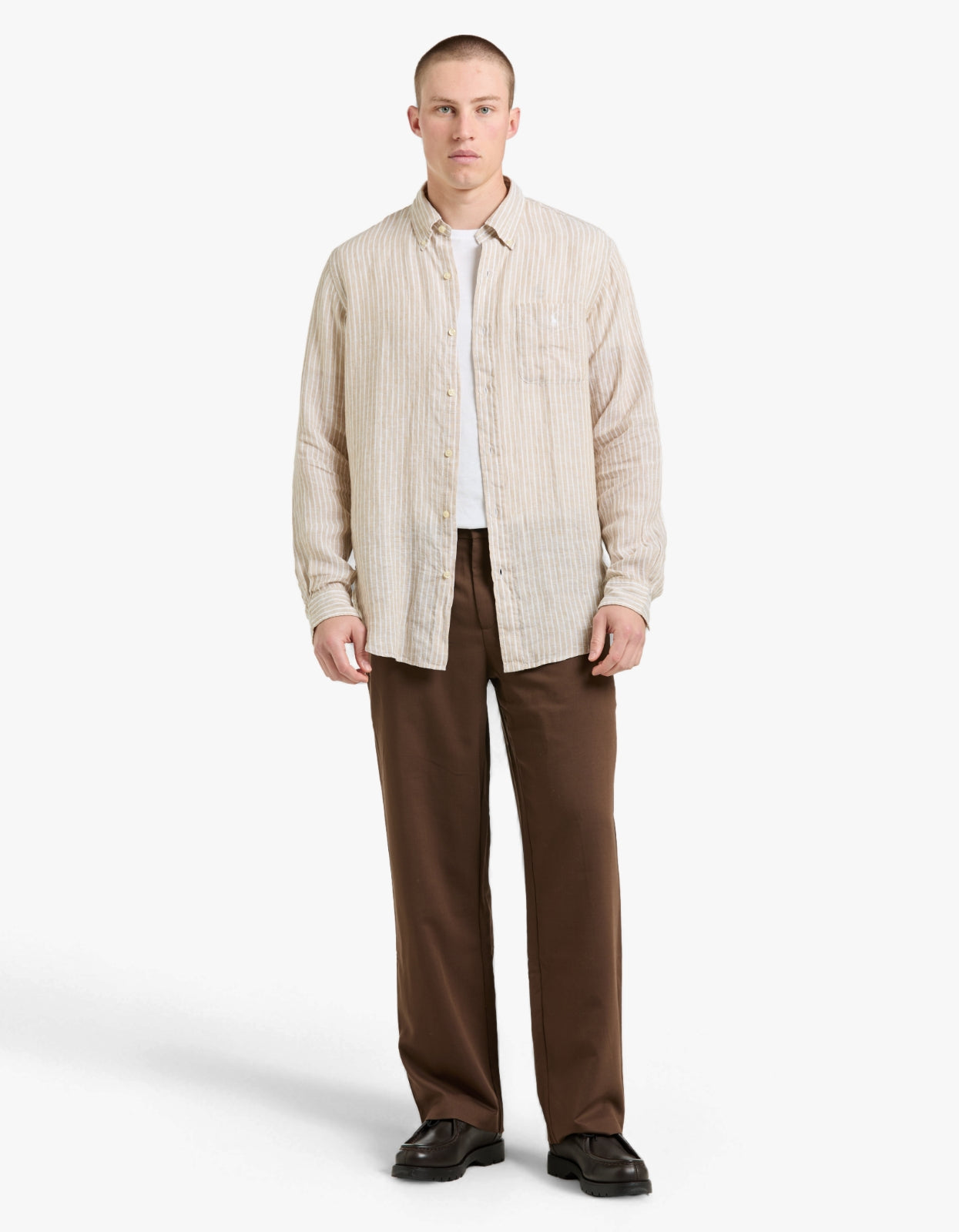 Custom Fit Striped Linen Shirt - 52F Costal Beige/White