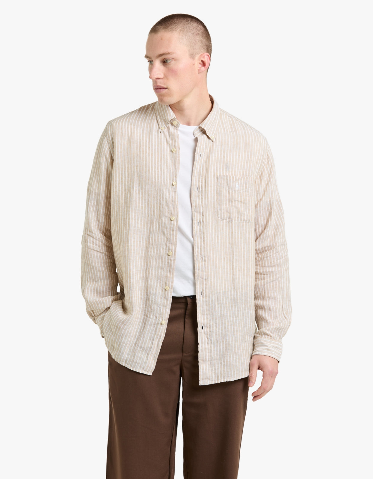 Custom Fit Striped Linen Shirt - 52F Costal Beige/White