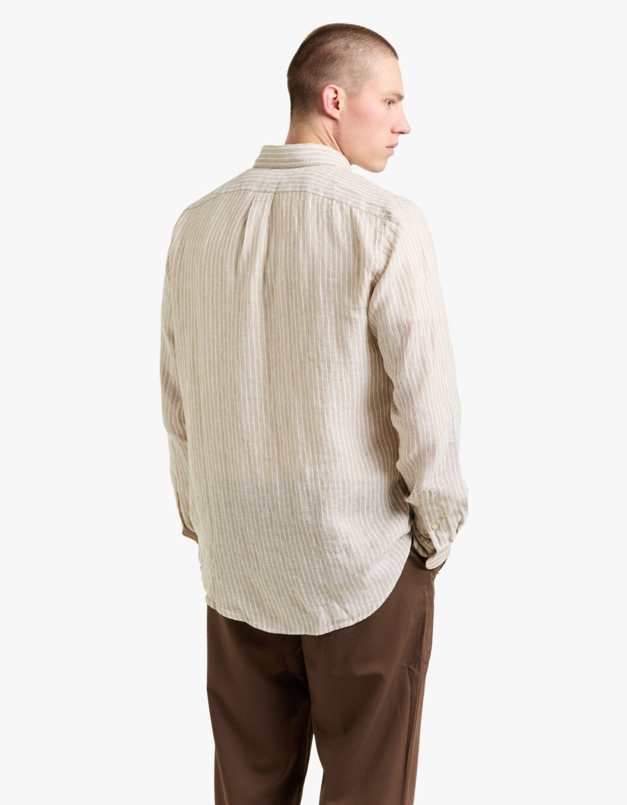 Custom Fit Striped Linen Shirt - 52F Costal Beige/White
