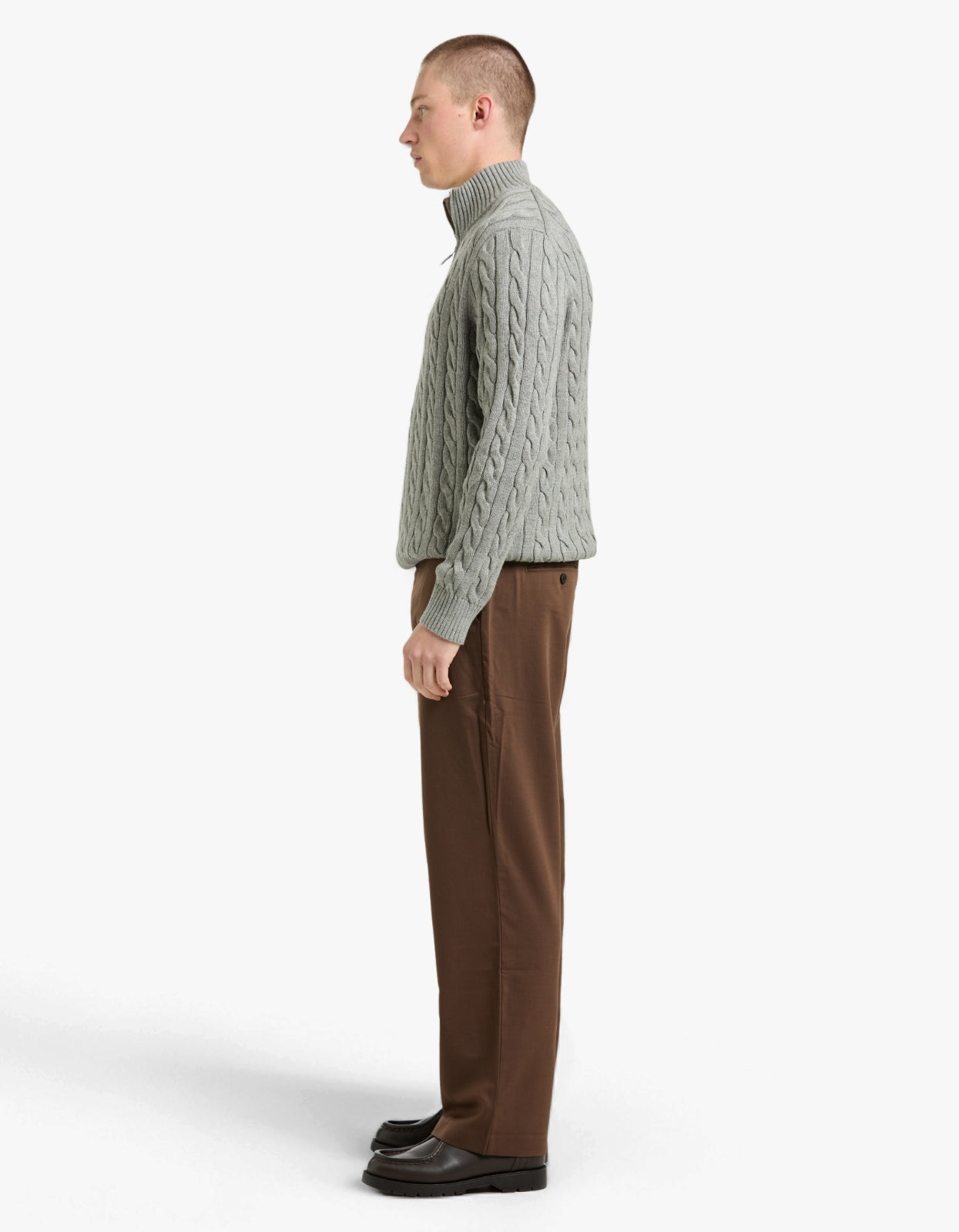 Cable Knit Cotton Quarter Zip Sweater - Fawn Grey Heather