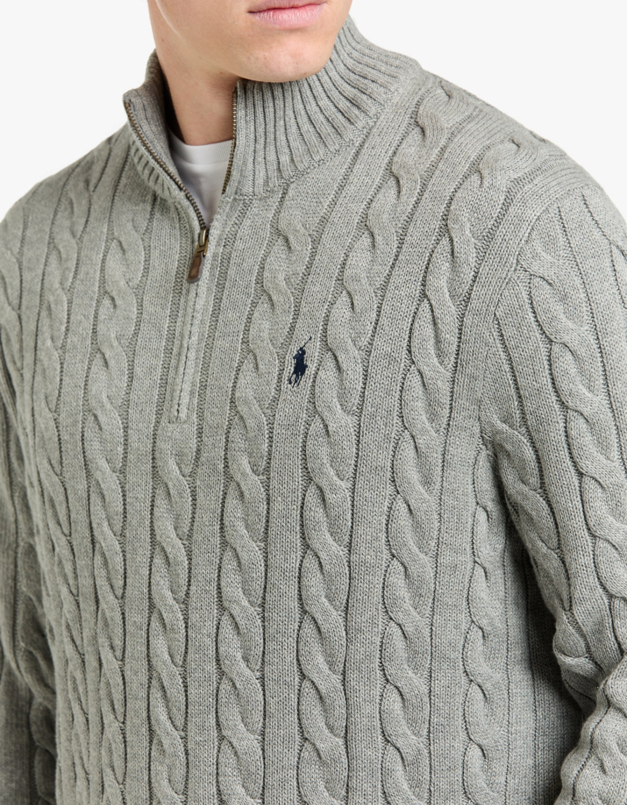 Cable Knit Cotton Quarter Zip Sweater - Fawn Grey Heather