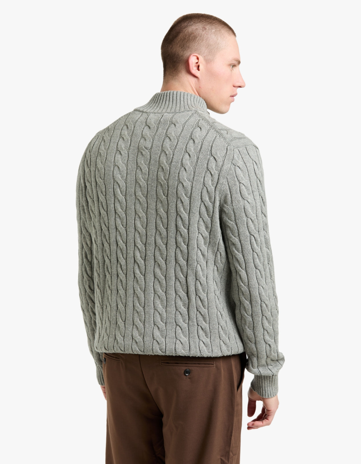 Cable Knit Cotton Quarter Zip Sweater - Fawn Grey Heather