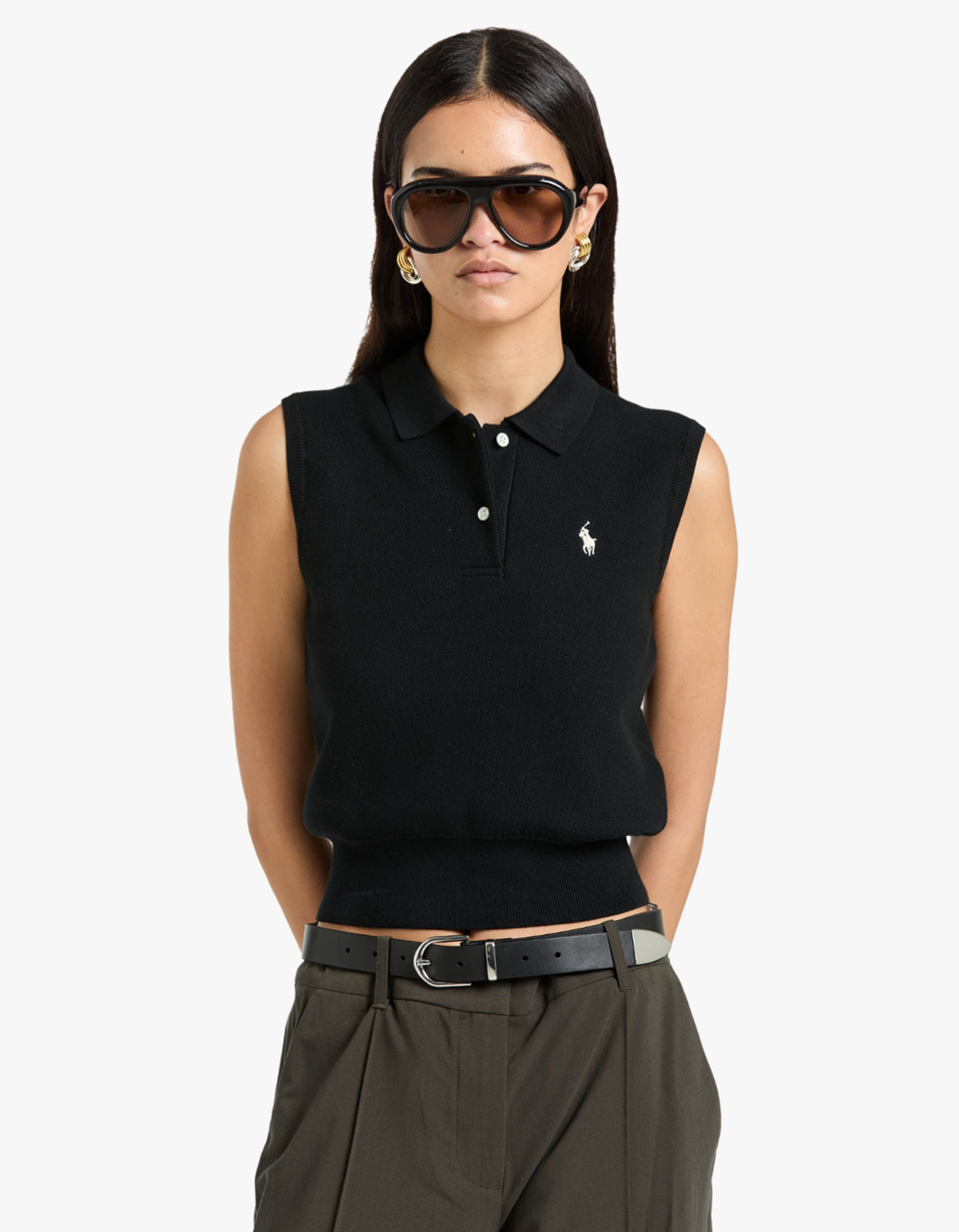Cotton Cropped Sleeveless Polo Sweater - Polo Black