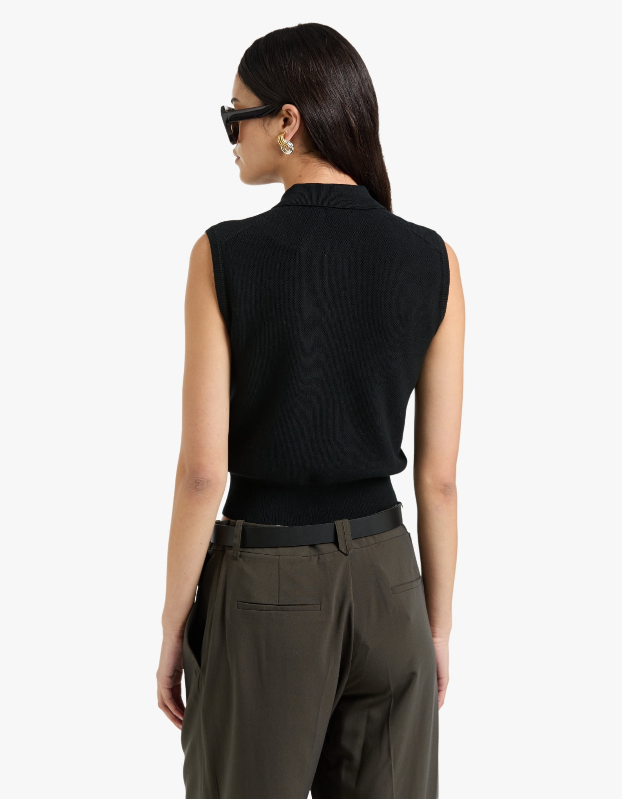 Cotton Cropped Sleeveless Polo Sweater - Polo Black